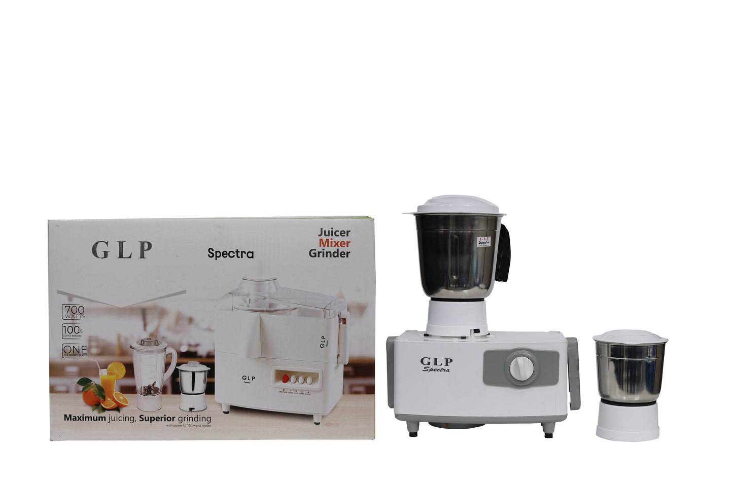 GLP SPECTRA JMG  600 W (2 STAINLESS STEEL JARS)  (FREE SHIPPING IN INDIA)  MRP RS.5500/-MODEL NO.  SJPMG-2J-54.    GET A COUPEN OF RS.200/- FOR YOUR NEXT PURCHASE.